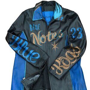 Vintage black leather jacket, hand painted turquoise blue notes, Chicago sz M